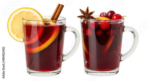 Two glasses of mulled wine with lemon, cinnamon, cranberries and star anise isolated on transparent background
