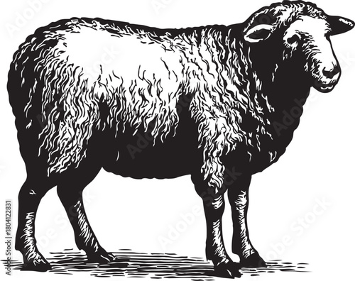 A detailed vintage illustration of a standing sheep side view.