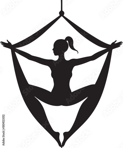 Aerial yoga pose, black silhouette of a woman suspended in a silk hammock