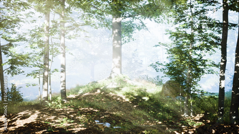 Naklejka premium Soft rays of sunlight shine through a serene forest of tall trees and gentle foliage. The atmosphere feels calm and mystical, a perfect escape into natures embrace.