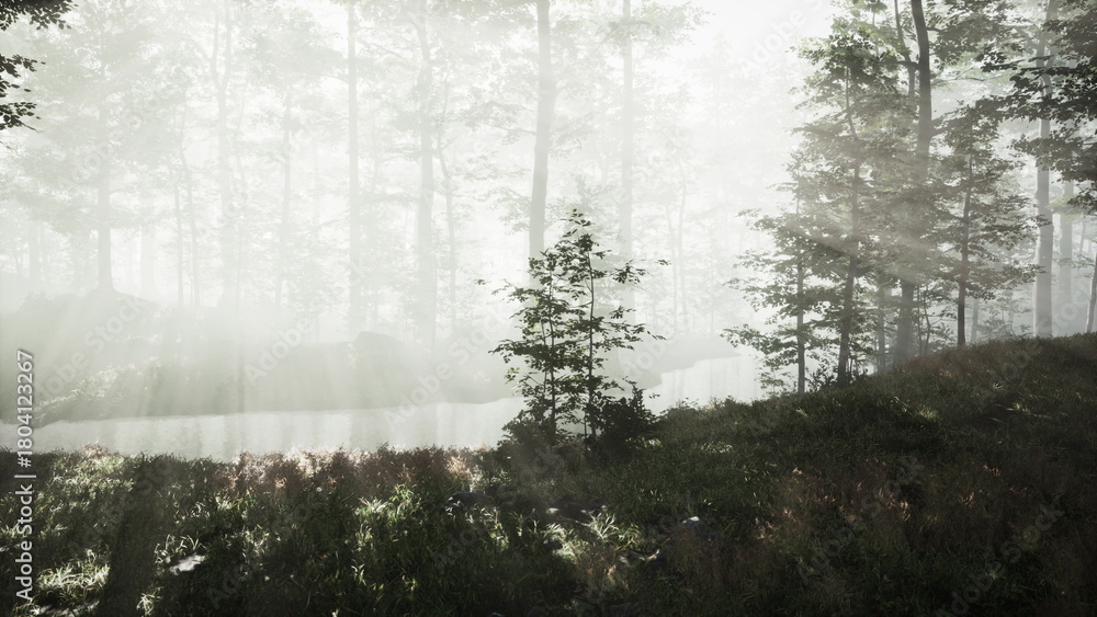 Naklejka premium Warm sunlight streams through a thick mist in a peaceful forest. Lush greenery surrounds a calm river, creating a serene atmosphere perfect for a quiet escape into nature.