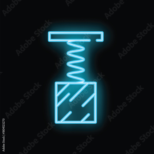 Blue neon sign showing a jack in the box toy glowing on a black background