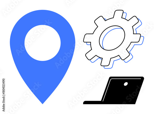 Blue location pin, gear, and laptop symbolizing navigation, innovation, and digital operations. Ideal for concepts thumbs up technology, workflow, system setup, navigation efficiency connectivity