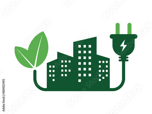 Green energy logo with building, leaf and plug symbolizes sustainable urban development and ecofriendly power sources