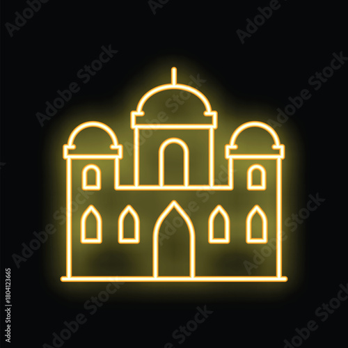 Bright yellow neon sign of the taj mahal glowing on a black background