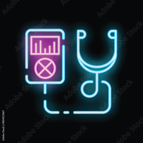 Neon medical icon of a blood pressure device measuring vital signs for healthcare purposes
