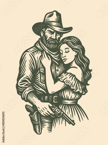 Cowboy couple with revolver vintage engraving vector illustration