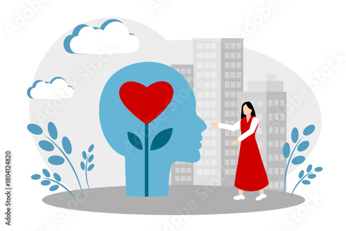 Woman, head and heart. The concept of empathy, falling in love, personal growth, mental health and calmness