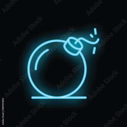 Neon sign depicting a round bomb with a burning fuse, emitting sparks and glowing blue light against a dark backdrop