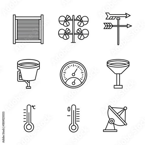 Meteorology station equipment, weather instrument linear icons set design Vector
