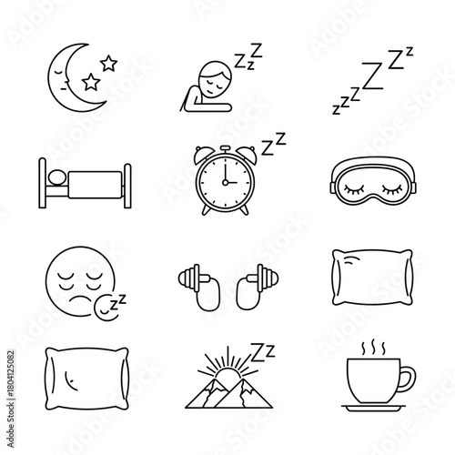 Sleep, rest, bedtime, and morning routine outline icon set for web and print Vector