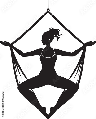 Aerial yoga pose, black silhouette of a woman suspended in a silk hammock