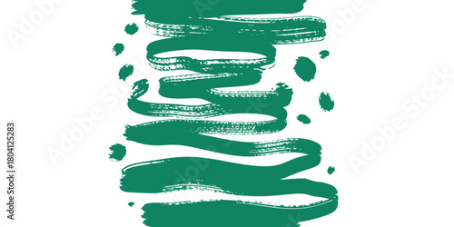 A green brush stroke pattern with horizontal lines and dots on a white background design element