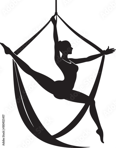 Aerial yoga pose, black silhouette of a woman suspended in a silk hammock