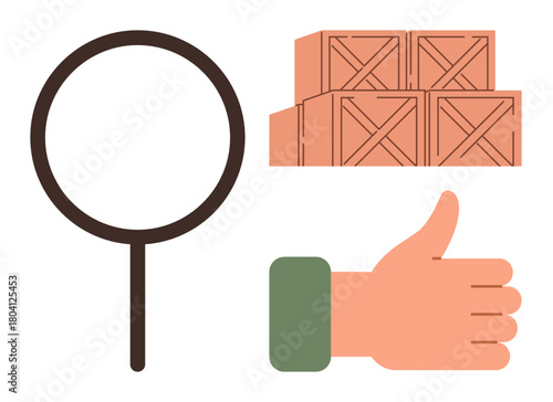 Magnifying glass beside stacked cargo crates and thumbs-up sign. Ideal for quality control, logistics, inspection, approval, shipping, verification, and supply chain themes. Simple flat metaphor