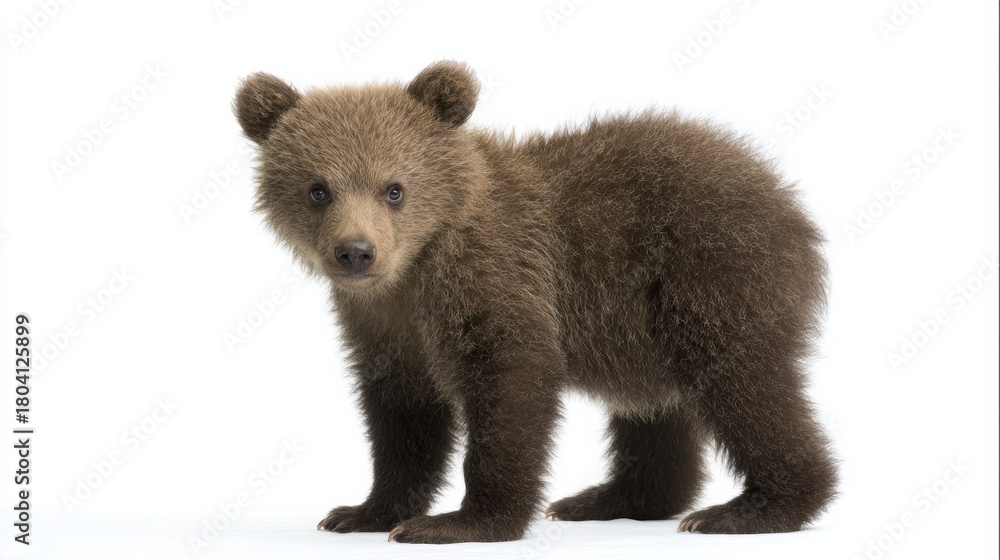 Fototapeta premium Brown Bear Cub Lying Calmly on White Background Close-Up