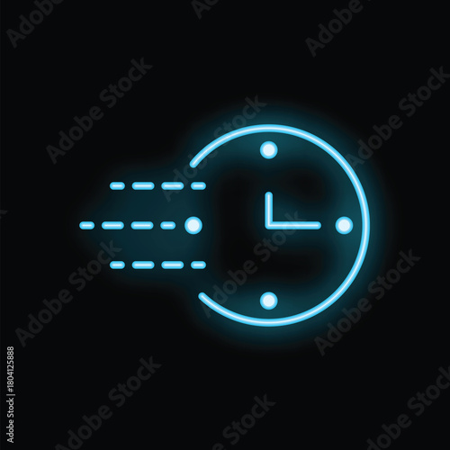 Neon blue clock face with dashes radiating out from the left side representing quickly passing time