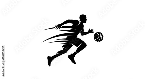 Dynamic silhouette of a basketball player dribbling with speed lines, depicting motion and athleticism in a minimalist design.