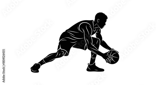 Silhouette of a basketball player dribbling the ball low to the ground in a dynamic pose.