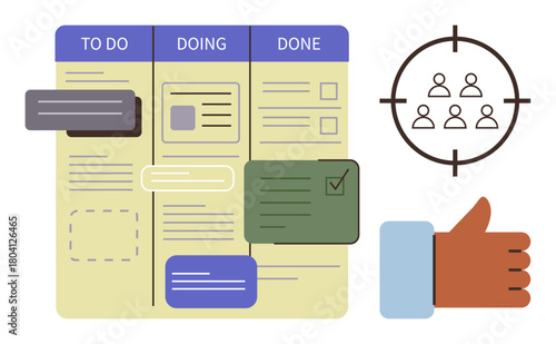 Kanban board displaying To Do, Doing, and Done columns, task cards, and checkboxes, with target audience icon and thumbs-up gesture. Ideal for productivity, project management, workflow goal