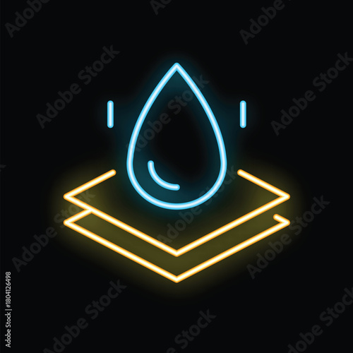 Glowing neon icon representing a water drop falling on absorbent material, symbolizing absorption and waterproof materials