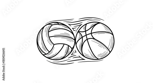 Black and white illustration of a volleyball and a basketball with motion lines, representing sports.