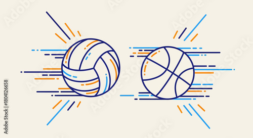Illustration of a volleyball and a basketball with motion lines, on a beige background.