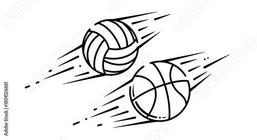 Dynamic black and white illustration of a volleyball and a basketball in motion with speed lines.
