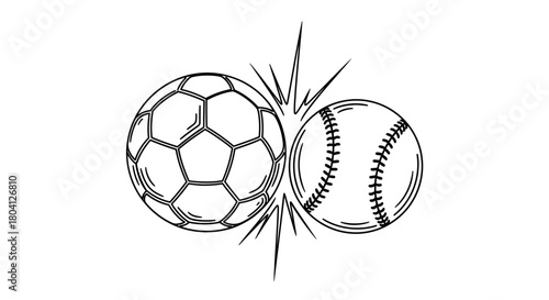 A black and white line drawing illustration of a soccer ball and a baseball colliding with impact.
