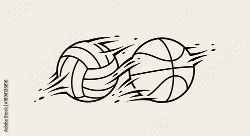 Dynamic illustration of a volleyball and a basketball in motion, with motion lines suggesting speed and action.