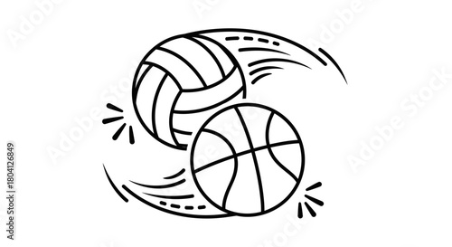 Illustration of a volleyball and a basketball in motion with speed lines and sparkles.