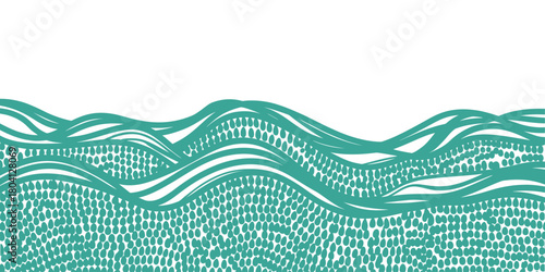 A teal abstract illustration featuring wavy lines and dotted patterns on a white background surface art