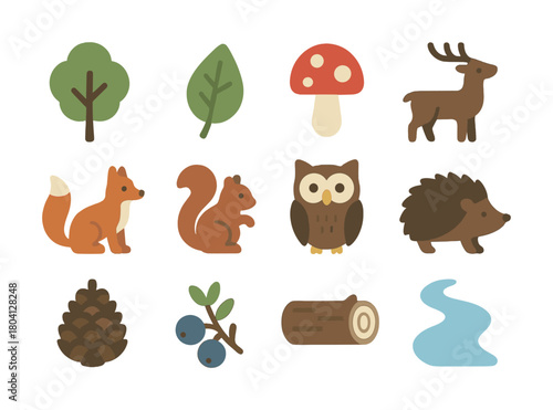 Vector Cute woodland creatures and nature elements icons set in flat design