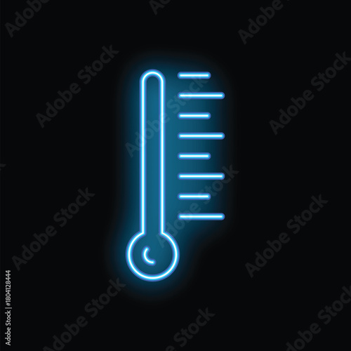 Blue neon thermometer icon glowing on dark background is showing high temperature
