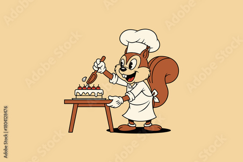 Cute cartoon squirrel chef decorating a delicious cake with berr