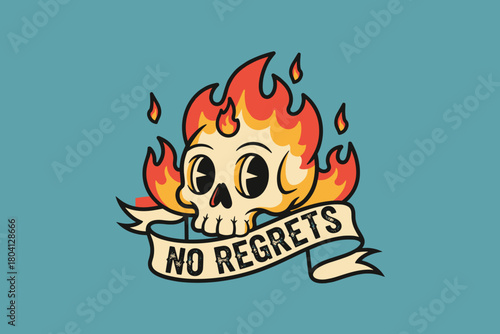 Cartoon Skull on Fire with No Regrets Banner.