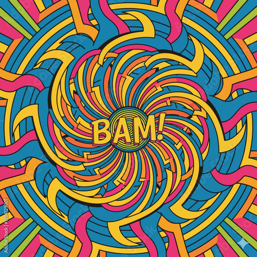 This image is a vibrant, abstract, and highly dynamic digital painting. The main feature is a swirling, psychedelic vortex of color that emanates from a central point.