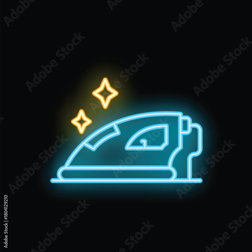 Neon icon of iron emitting light, perfect for advertising ironing, laundry, or dry cleaning services