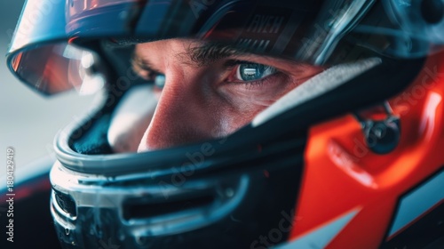 Close-up of a young Caucasian man with blue eyes wearing a red racing helmet and black balaclava, focused on motorsport activity.