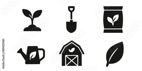 Minimalist garden icons: planting, shovel, fertilizer, watering can, barn, leaf
