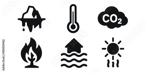 Climate change icons set: global warming, sea level rise, and carbon emissions symbols