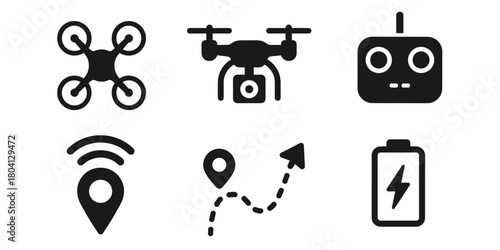 Drone and remote control icons set for technology apps