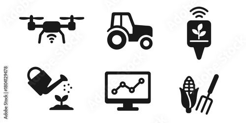 Innovative farming technology icons: drones, smart irrigation, data analytics in agriculture