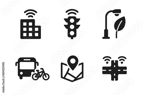 Smart city icons set: transport, communication, eco-friendly solutions, urban technology