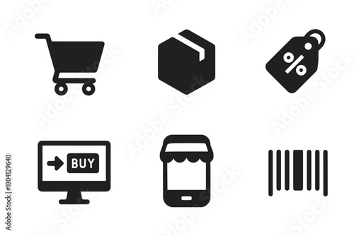 Minimalist shopping icons: cart, box, tag, barcode, online store, mobile