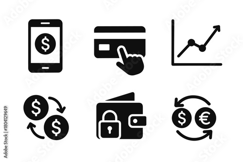 Mobile payment and finance icons: secure digital transactions and currency exchange