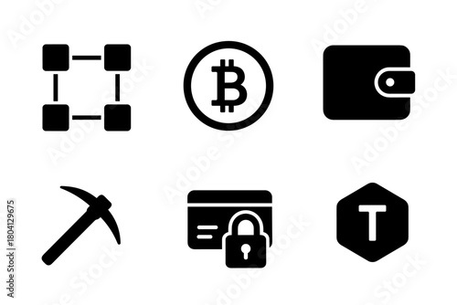 Cryptocurrency icons collection featuring digital wallet and blockchain symbols in simple black silhouette style