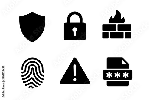 Security elements set: shield, lock, firewall, fingerprint, warning, password