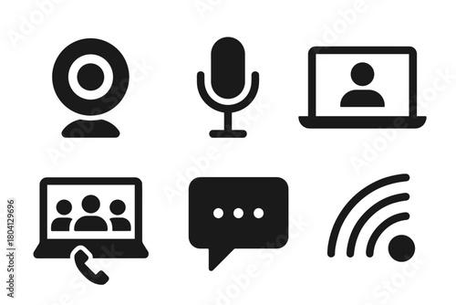 Communication icons: webcam, microphone, laptop, video call, chat, wifi signal