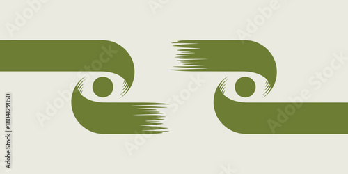 Two olive green stylized eye shapes with brush stroke details on a light beige background design art